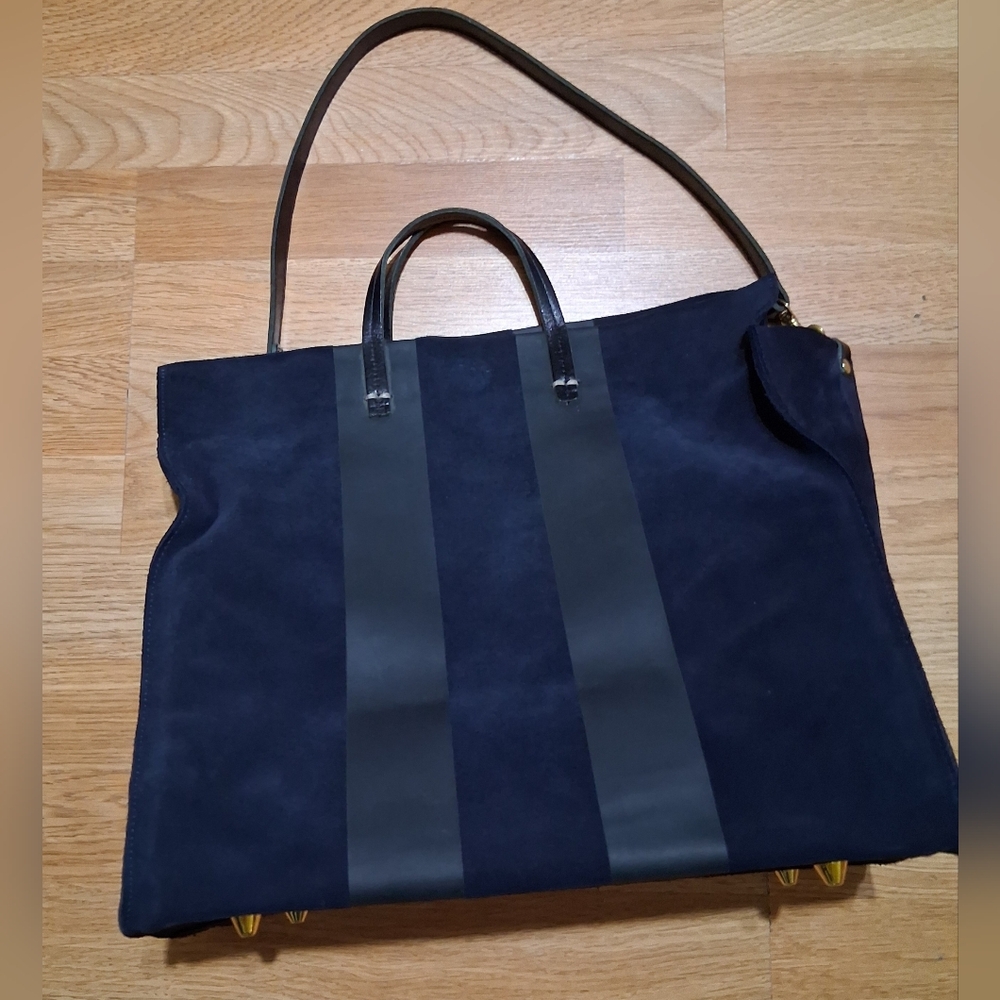 Clare V. Los Angeles Navy Suede Bag with Tan Leather Logo Patch - Picture 3 of 13